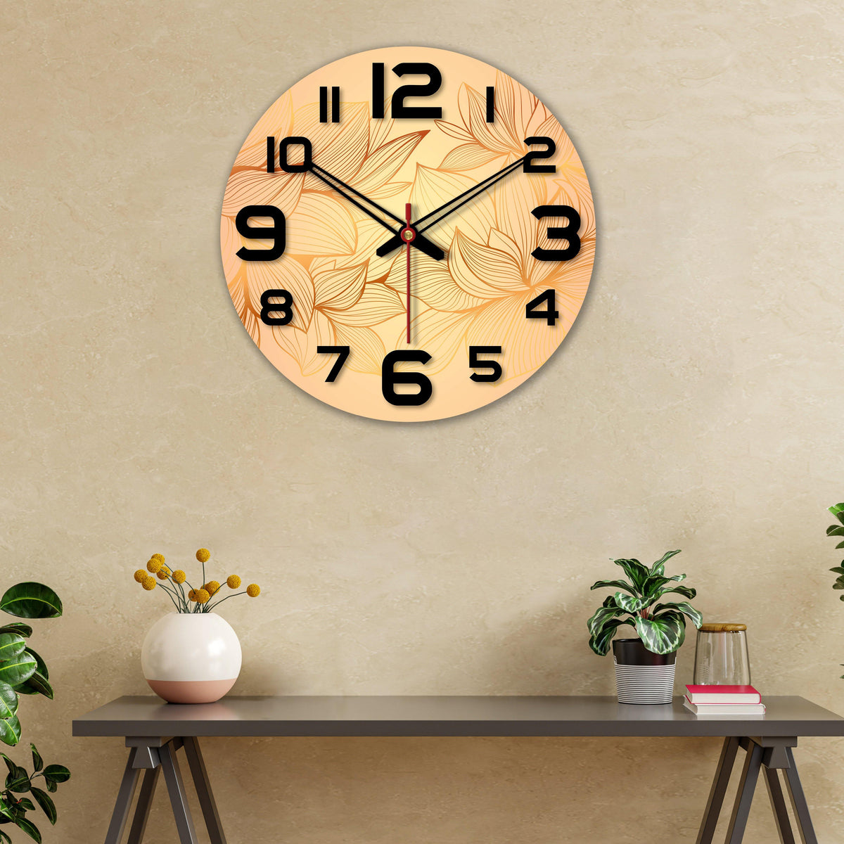 Flower Printed Wooden Wall Clock For Living Room