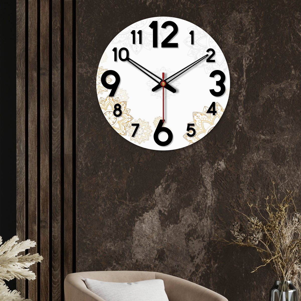 Golden Floral Design Wooden Wall Clock