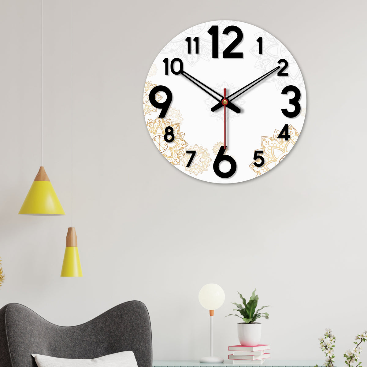 Golden Floral Design Wooden Wall Clock