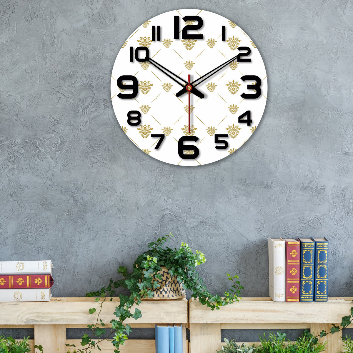 Golden Floral Pattern Wooden Wall Clock