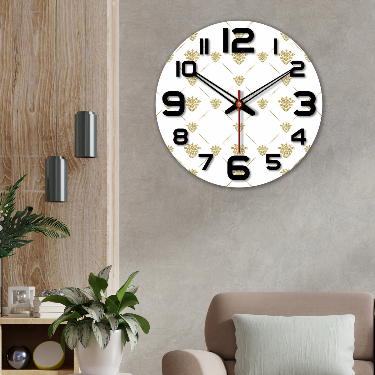 Golden Floral Pattern Wooden Wall Clock