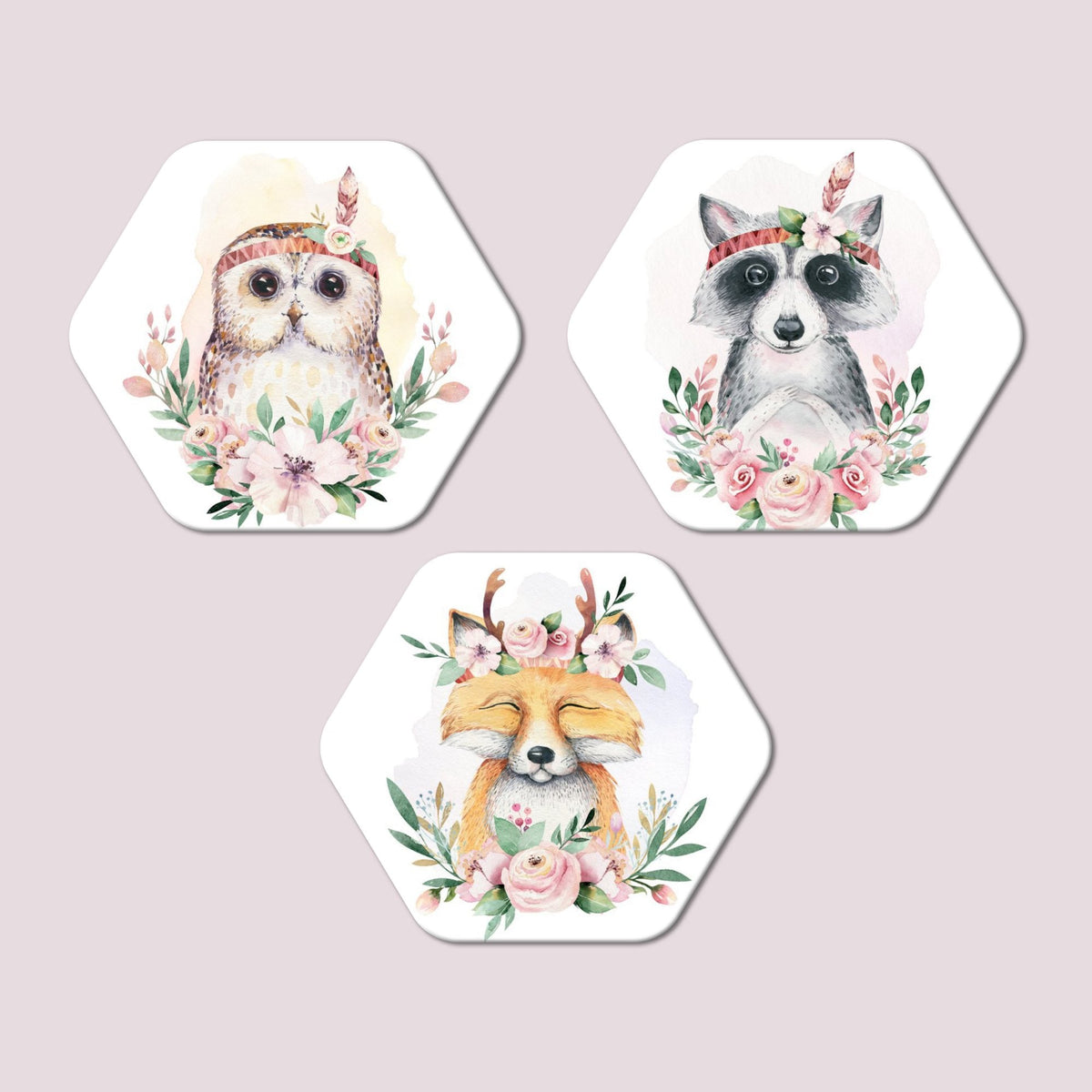 Cute Forest Friends Premium Hexagon Painting Set of 3