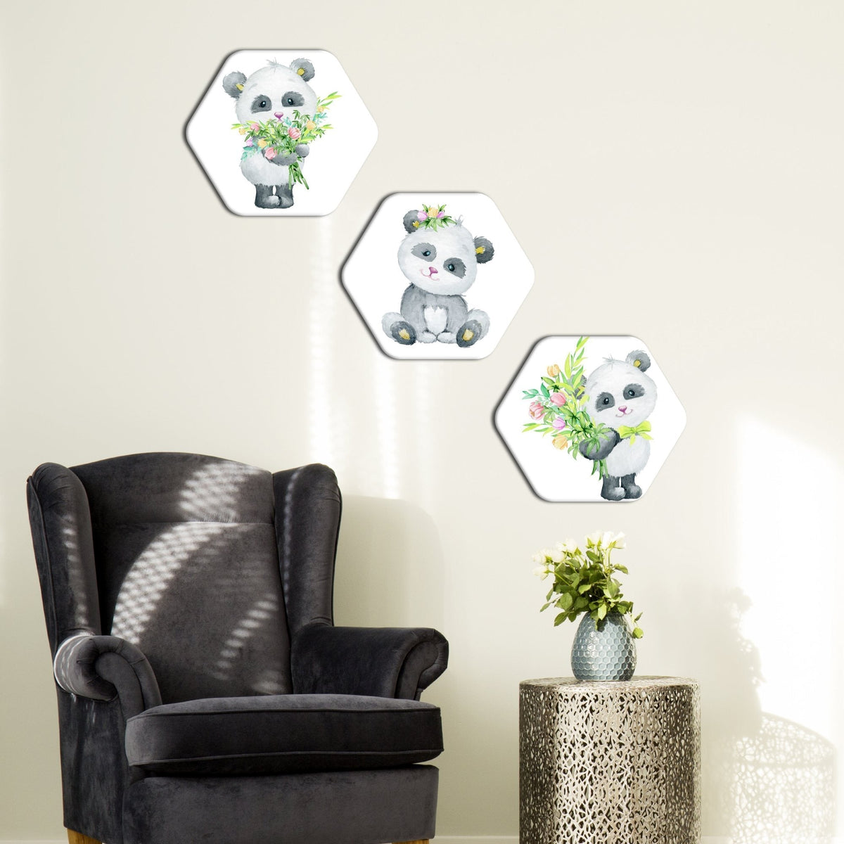 Premium 3 Pieces Hexagon Painting of Baby Panda