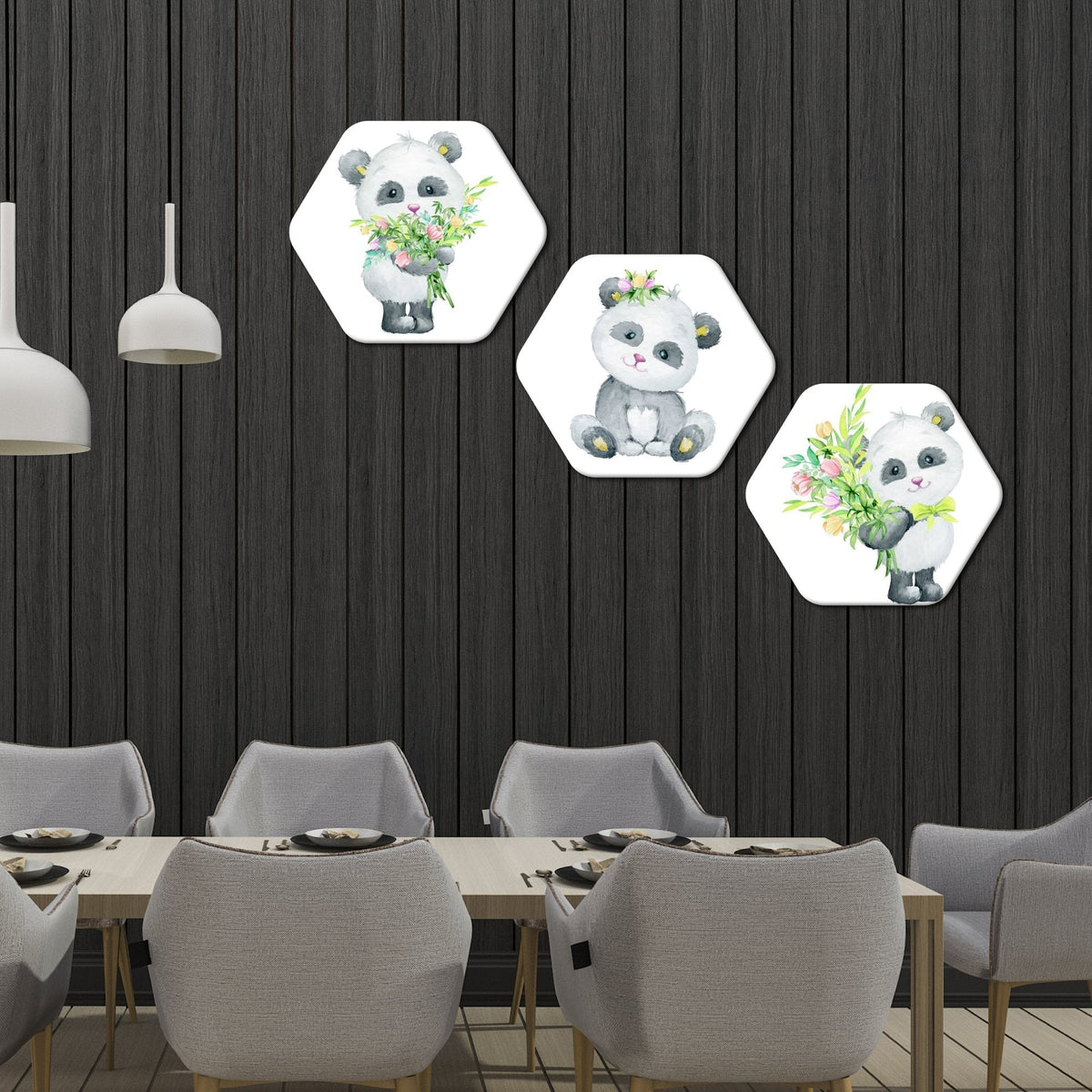 Premium 3 Pieces Hexagon Painting of Baby Panda
