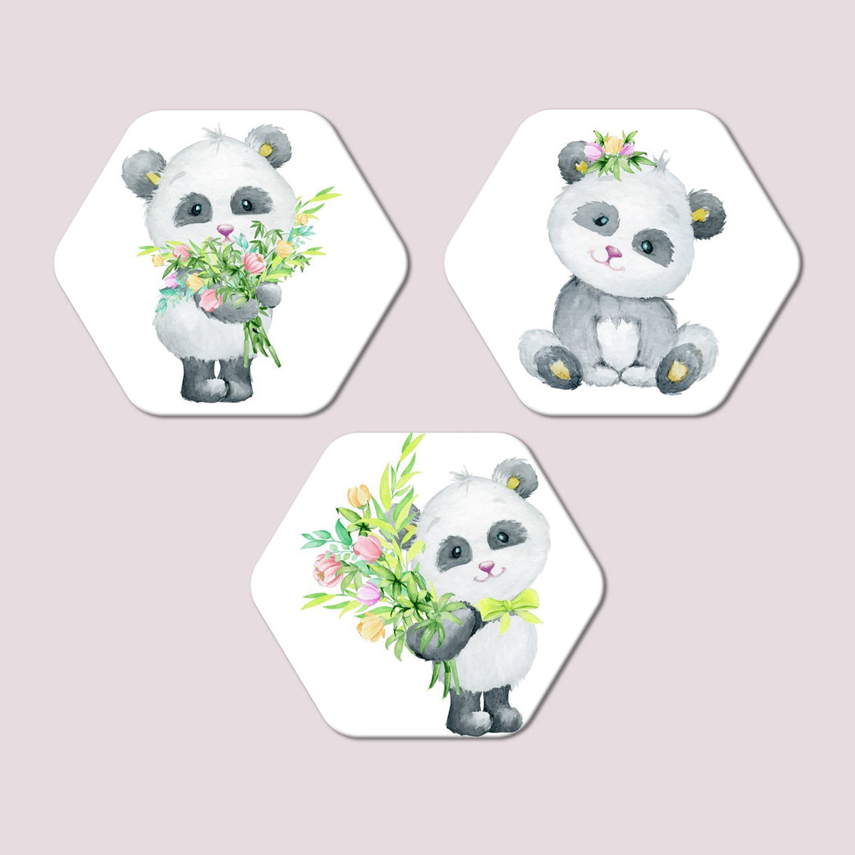 Premium 3 Pieces Hexagon Painting of Baby Panda