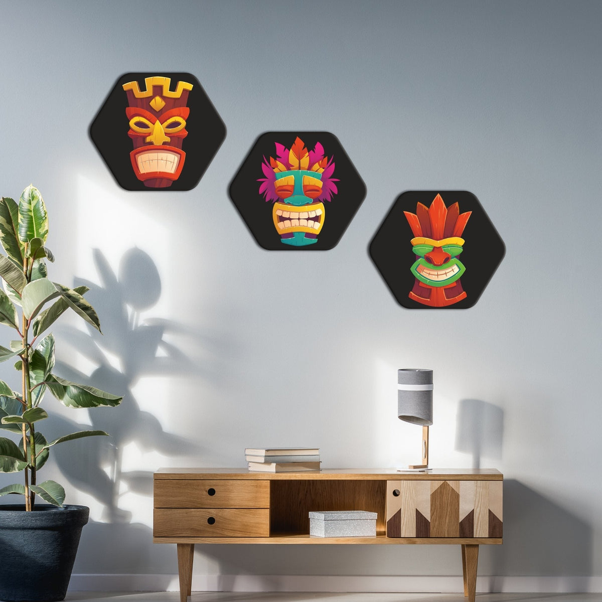 Premium 3 Pieces Hexagon Painting of Tiki Masks