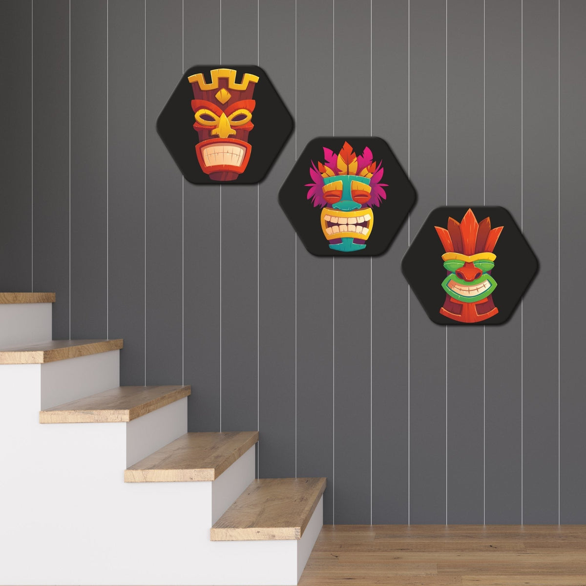 Premium 3 Pieces Hexagon Painting of Tiki Masks