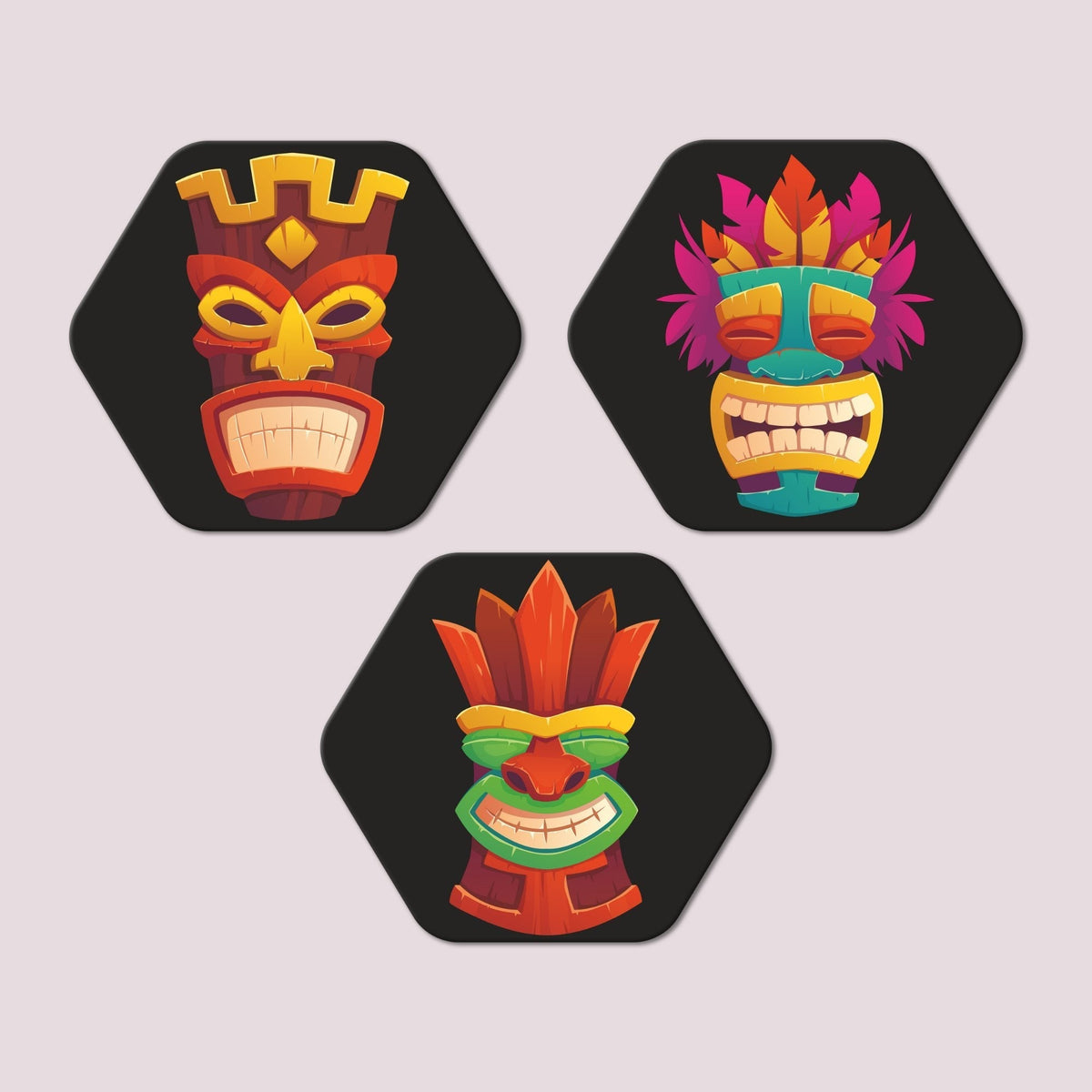 Premium 3 Pieces Hexagon Painting of Tiki Masks