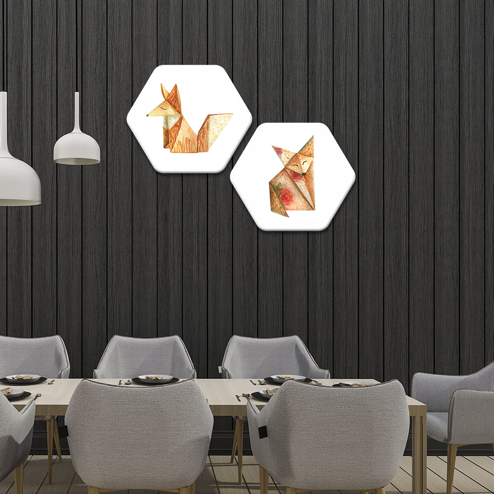 Premium 2 Pieces Hexagon Painting of Origami Fox