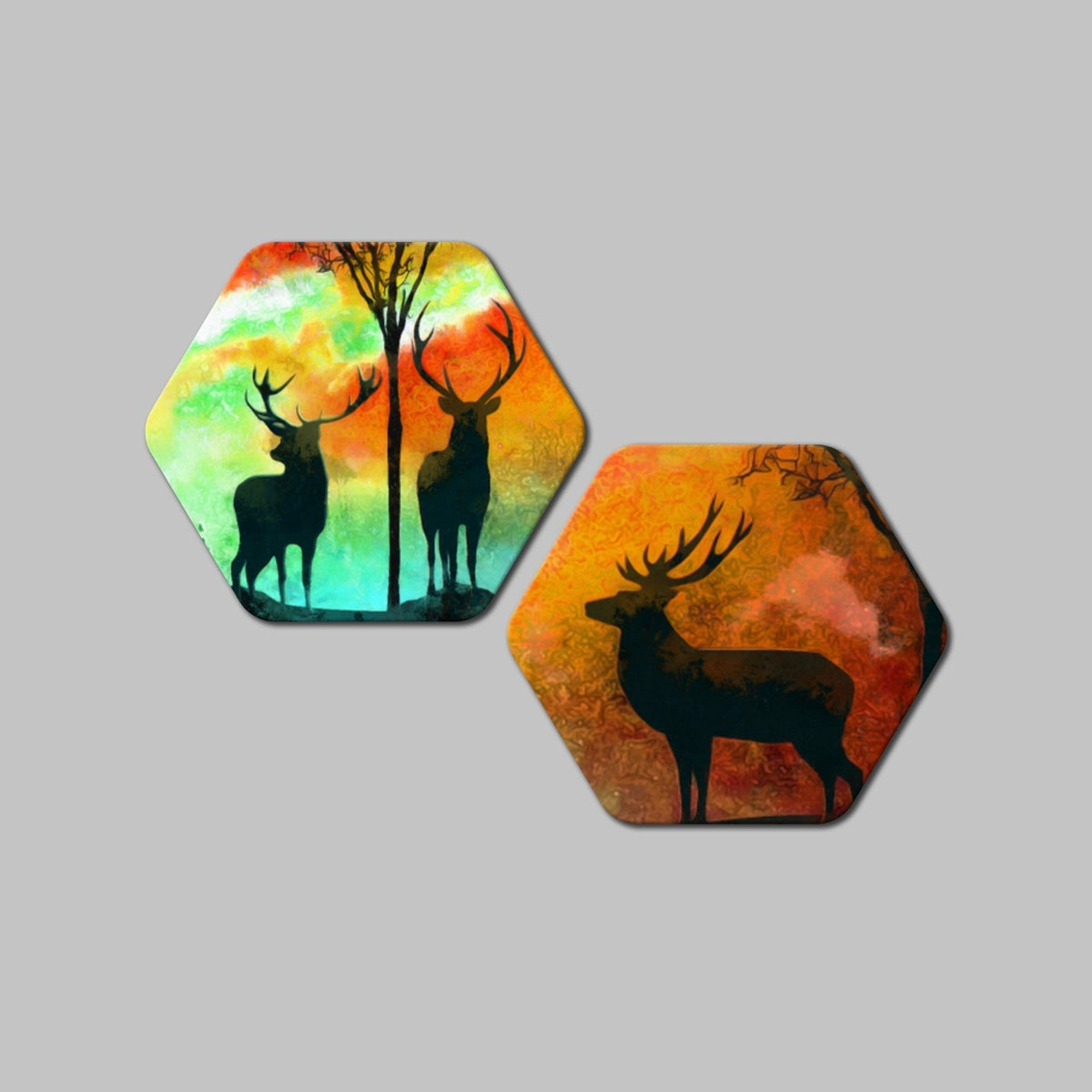 Premium 2 Pieces Hexagon Wall Painting of Silhouette Deer in Colorful Background