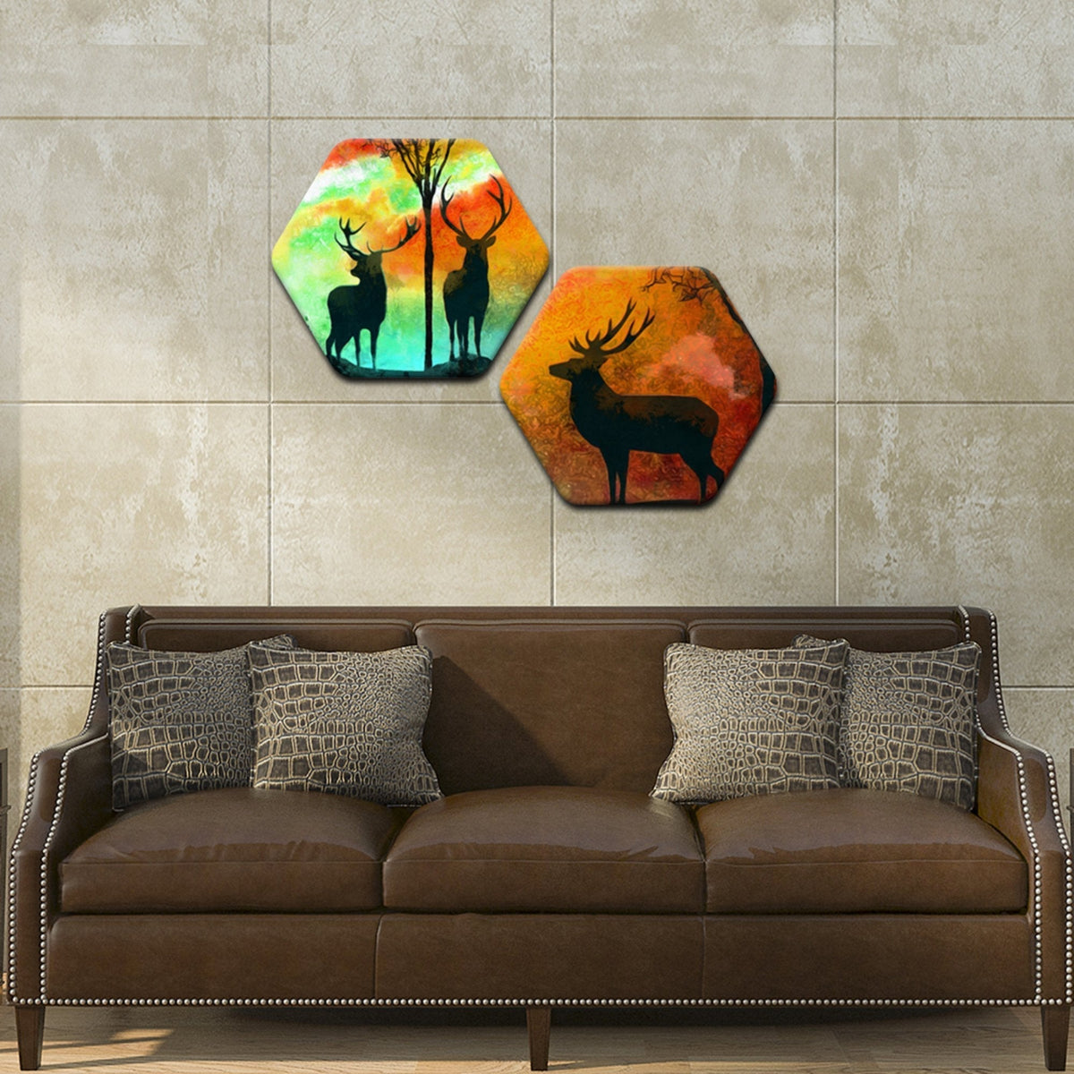 Premium 2 Pieces Hexagon Wall Painting of Silhouette Deer in Colorful Background