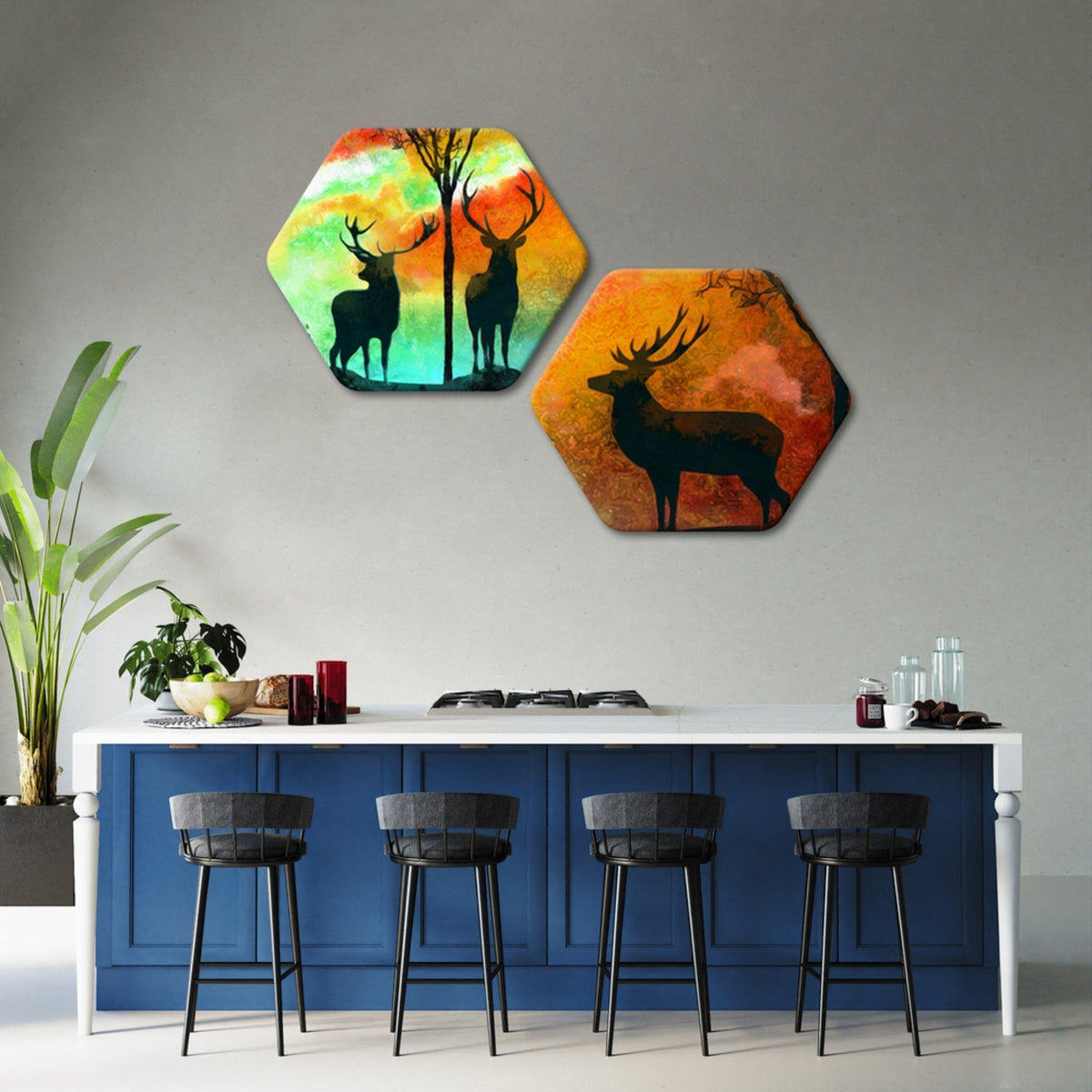Premium 2 Pieces Hexagon Wall Painting of Silhouette Deer in Colorful Background