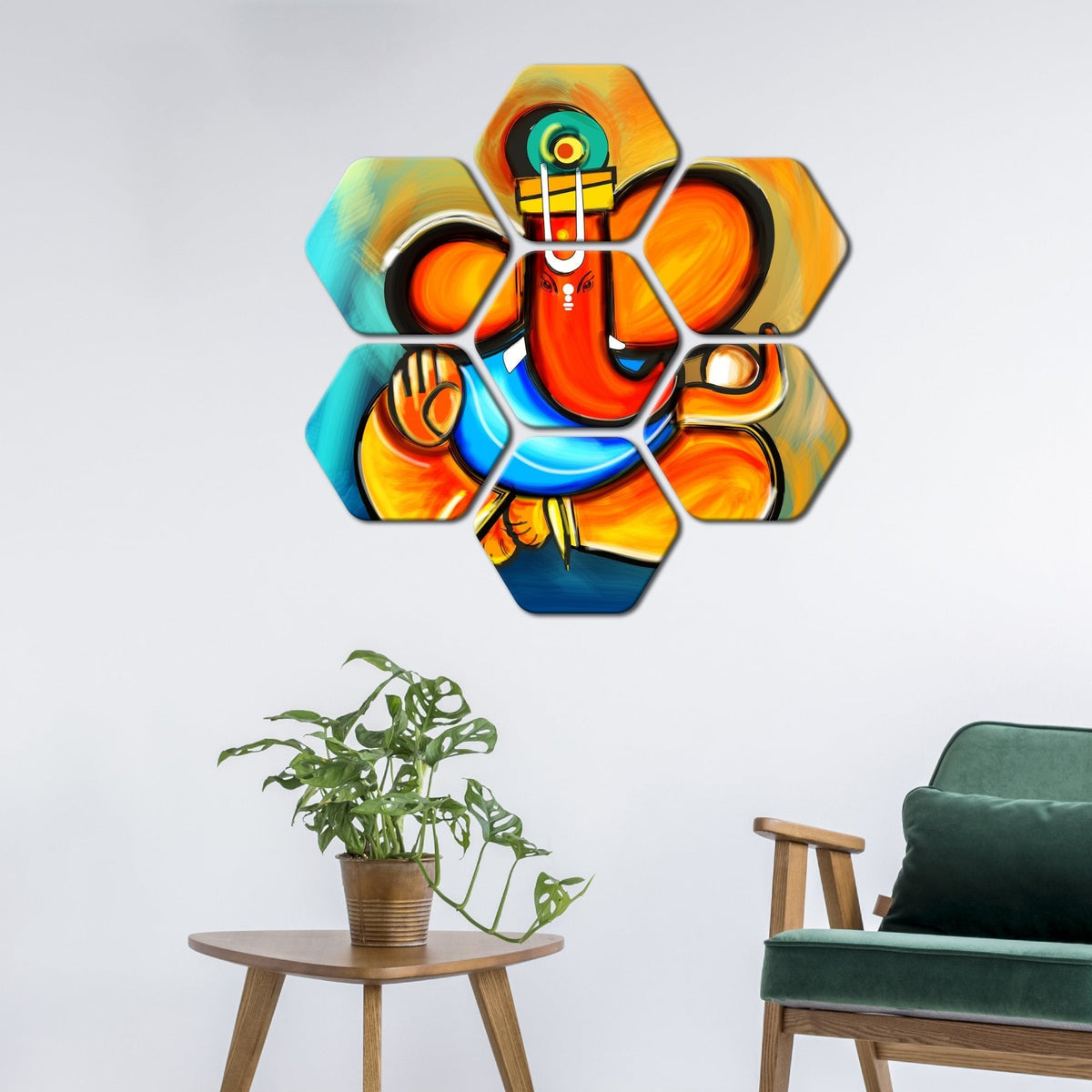 Premium Lord Ganesha 7 Pieces Hexagon Wall Painting