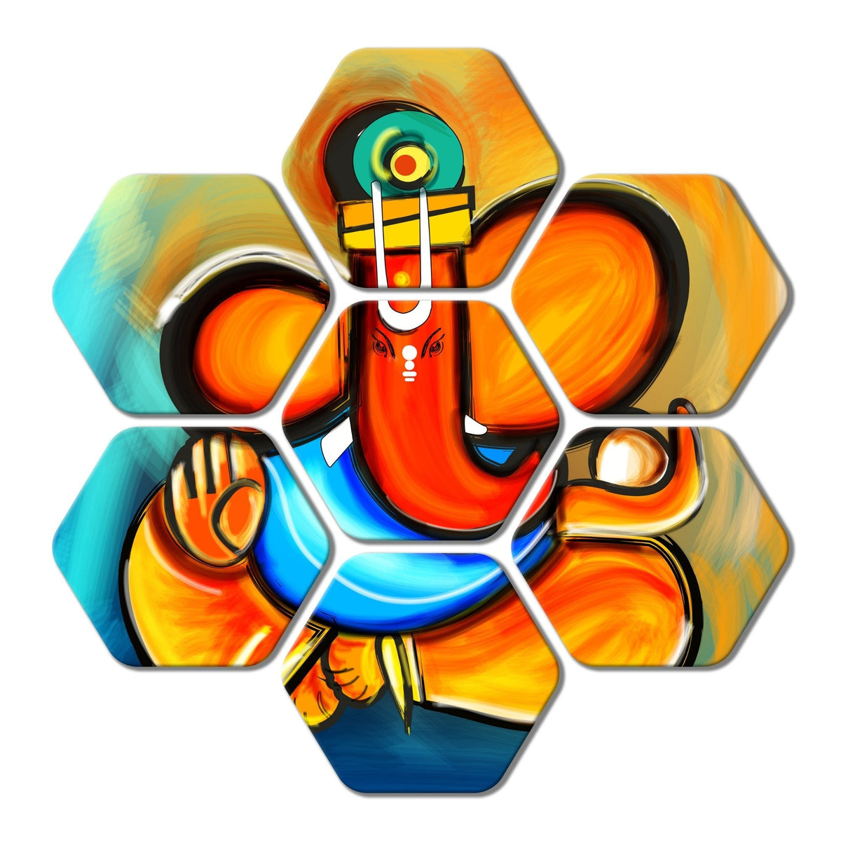 Premium Lord Ganesha 7 Pieces Hexagon Wall Painting