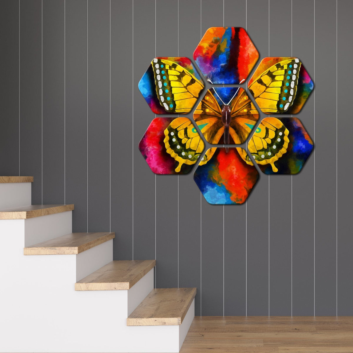 Hexagon Painting Set of 7 Colorful Beautiful Butterfly