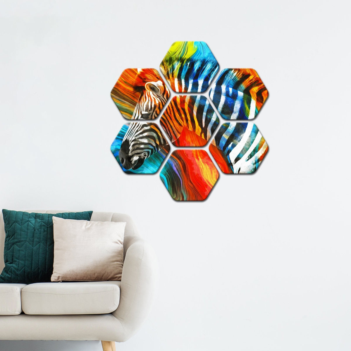 Premium Hexagon Painting of Colorful Zebra Set of 7