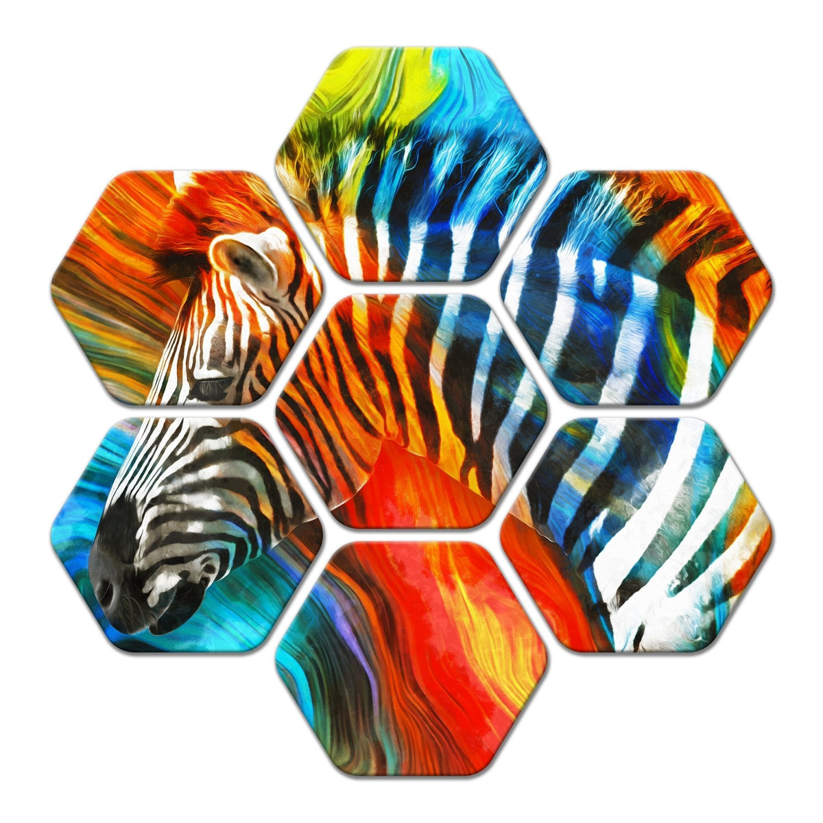 Premium Hexagon Painting of Colorful Zebra Set of 7