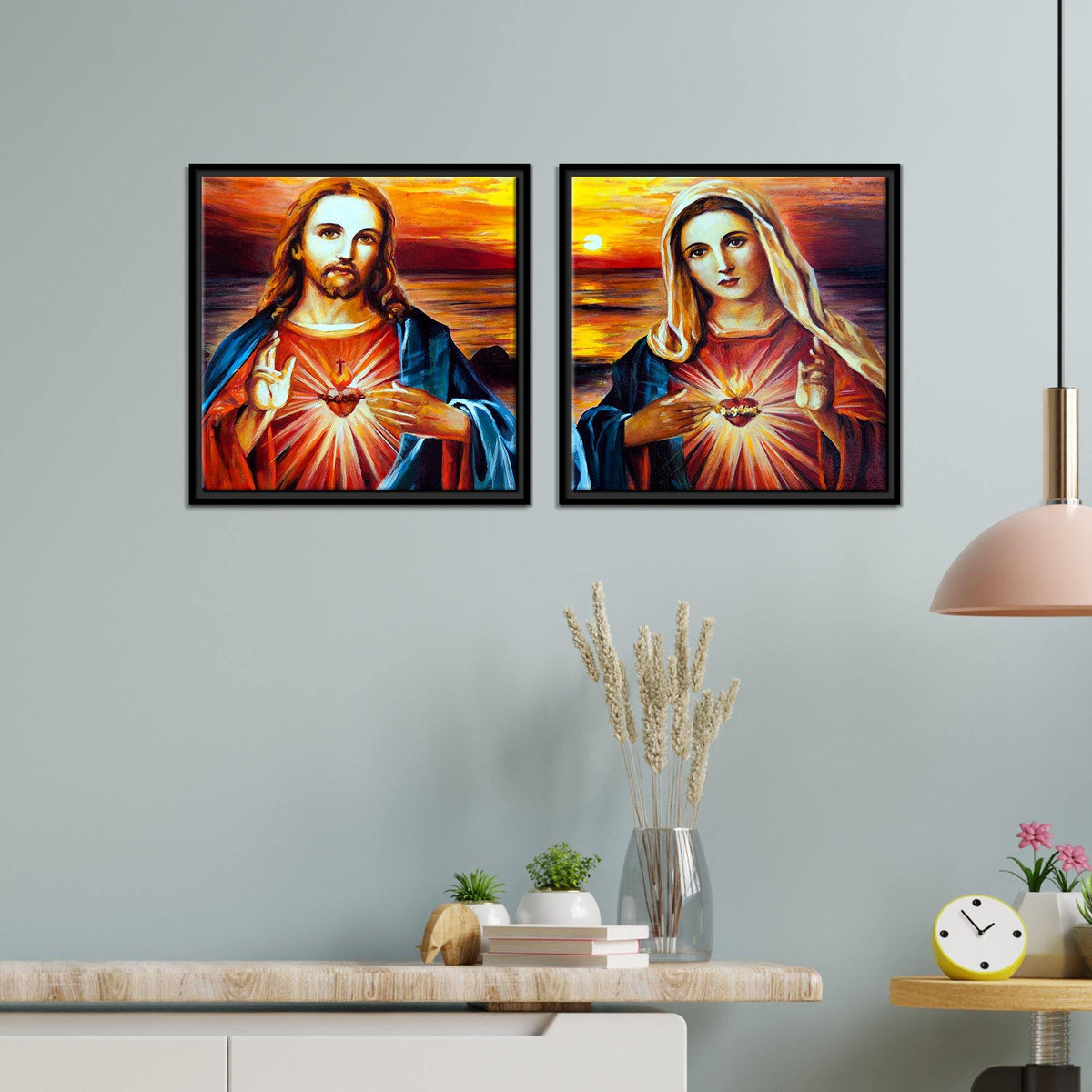 Jesus Christ and Mary Wall Painting of 2 Pieces Floating Frame