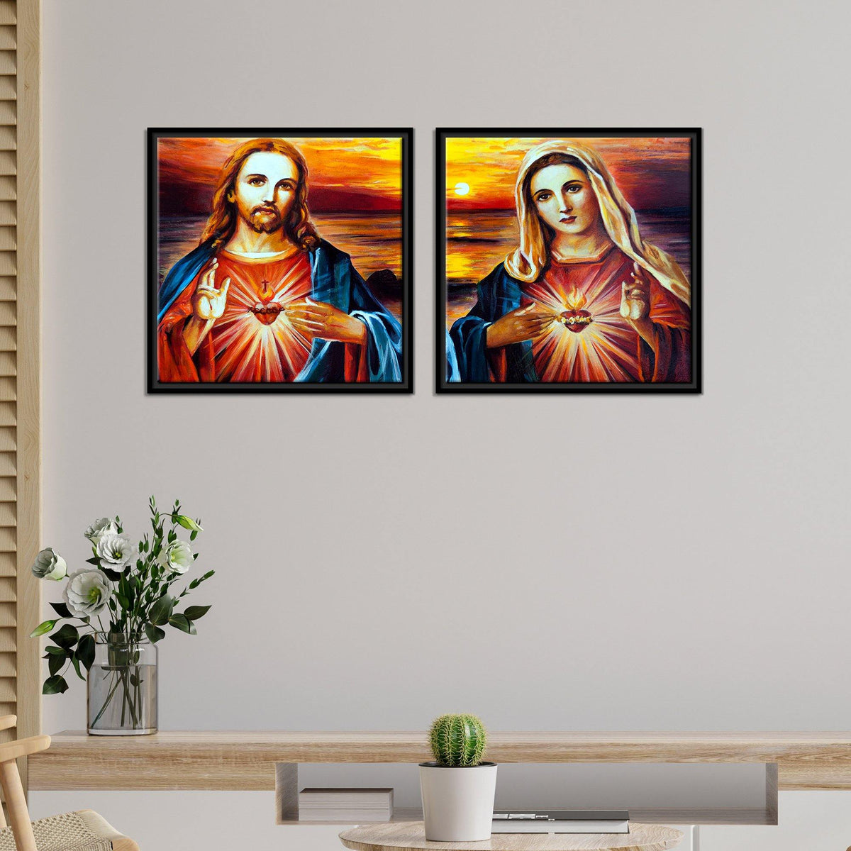 Jesus Christ and Mary Wall Painting of 2 Pieces Floating Frame