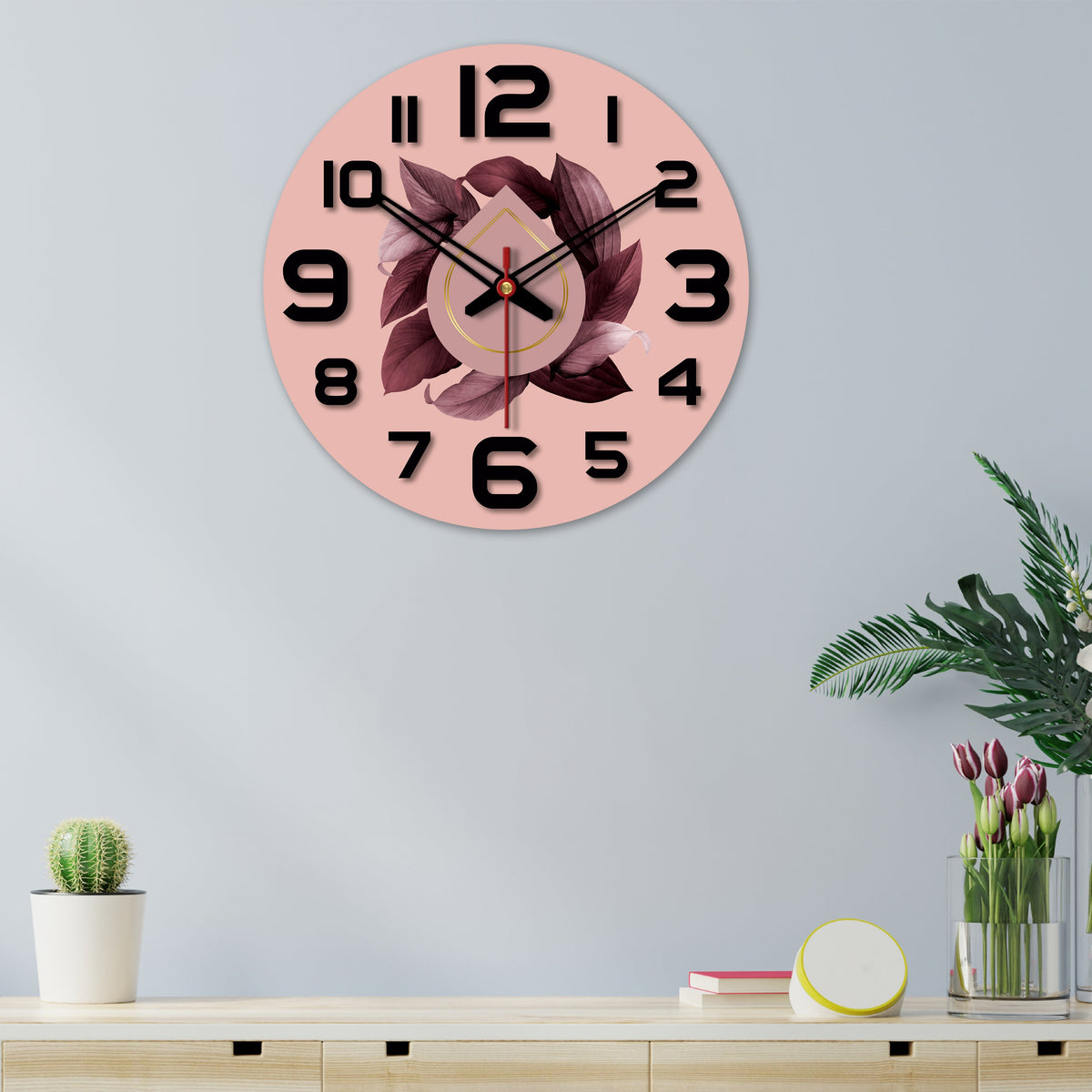 Leaves Printed Pattern Wooden Wall Clock