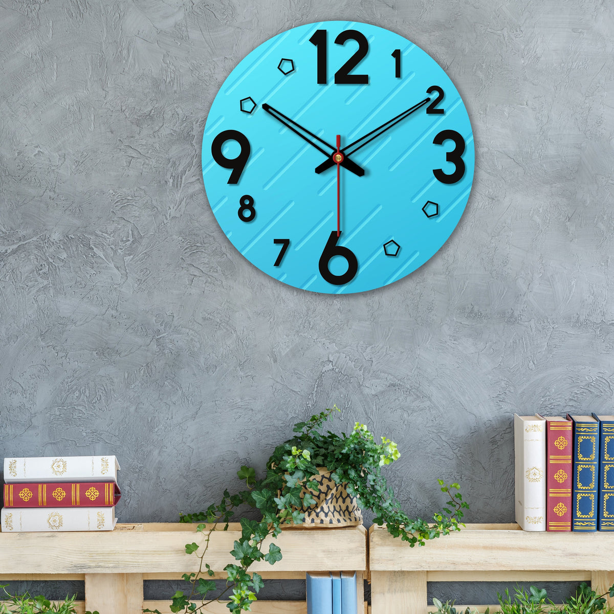 Lines on Blue Print Wooden Wall Clock For Living Room
