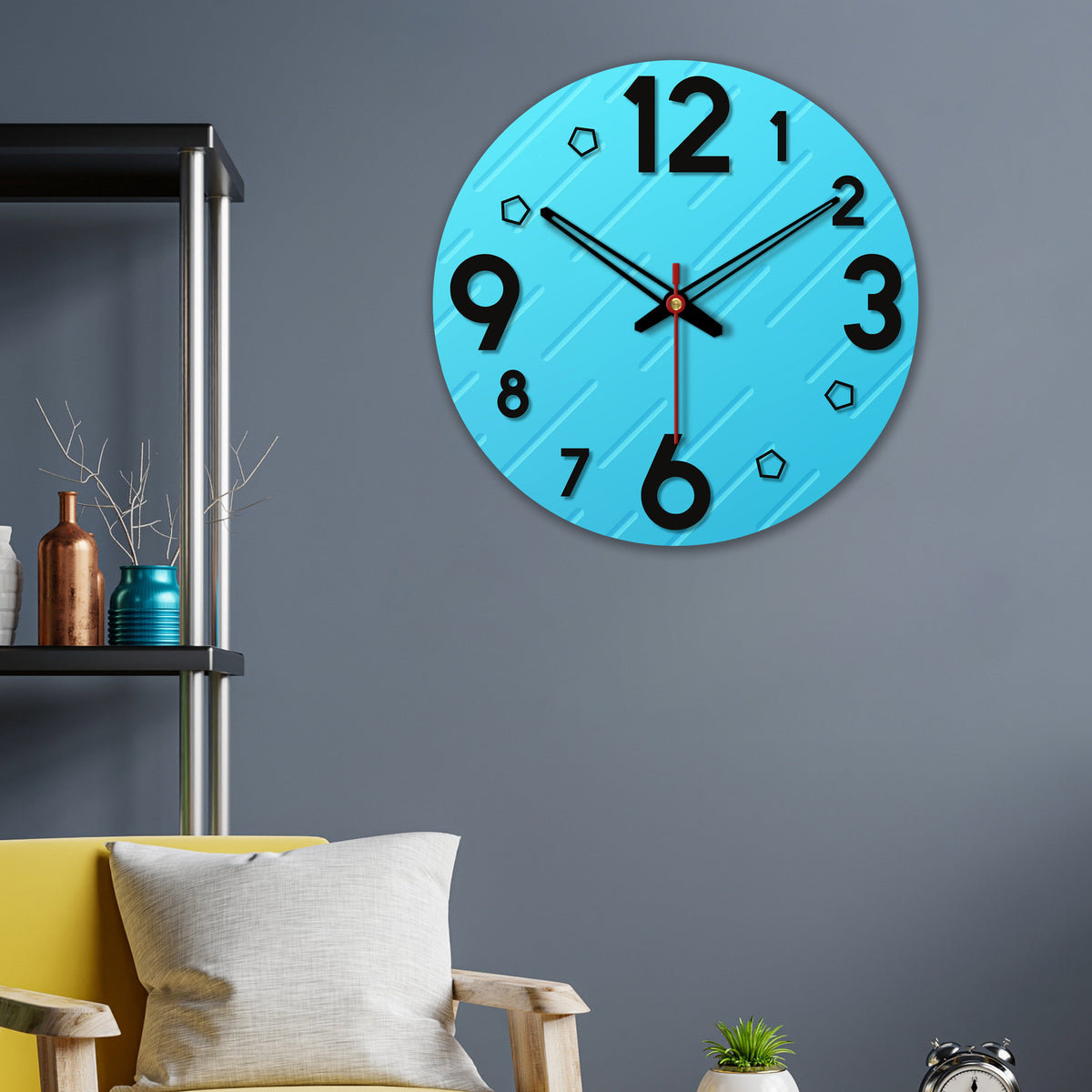 Lines on Blue Print Wooden Wall Clock For Living Room