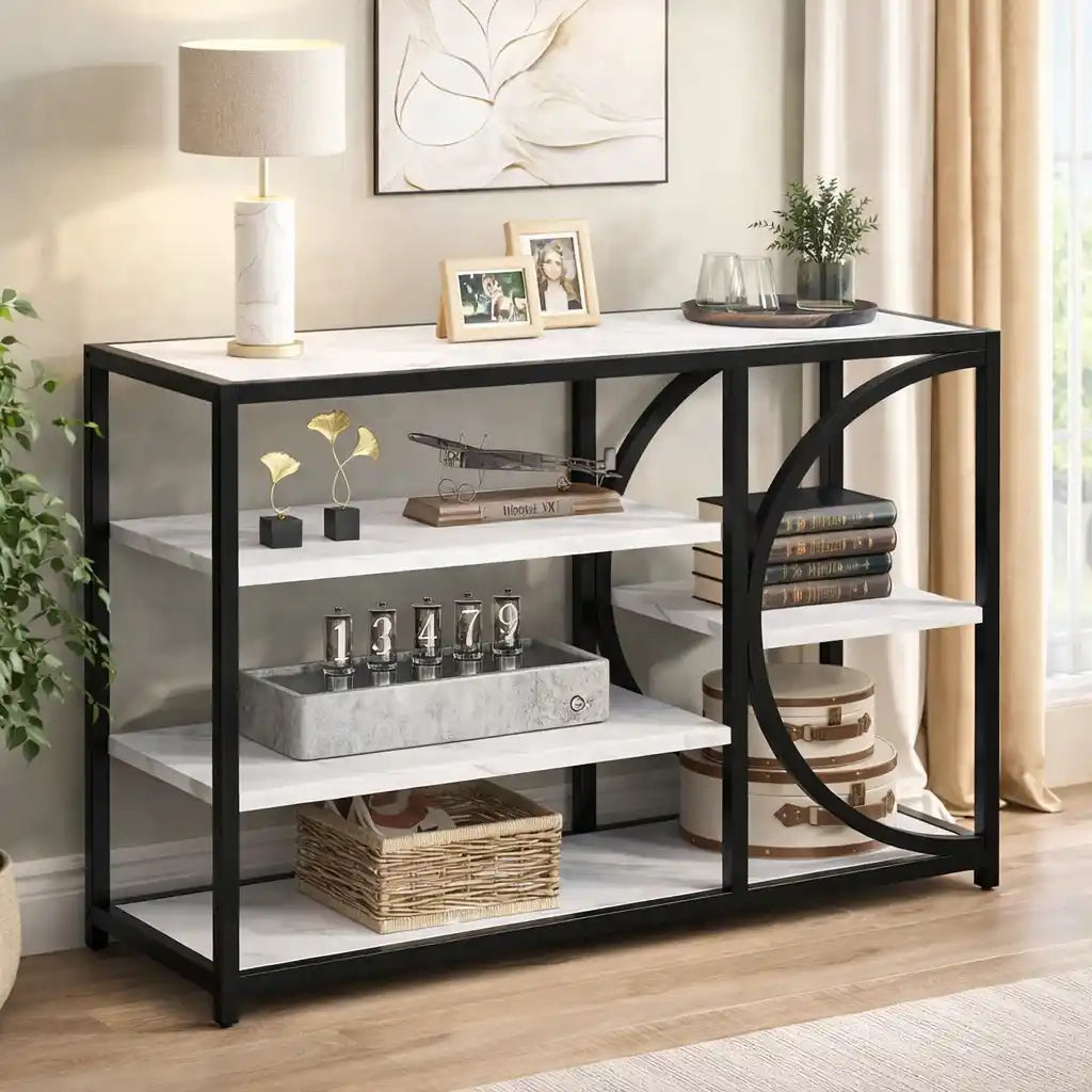 Five-Tier White Marble Black Console Table
