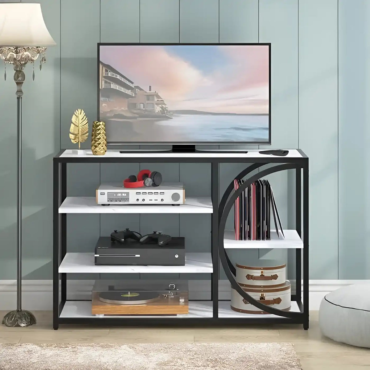 Five-Tier White Marble Black Console Table