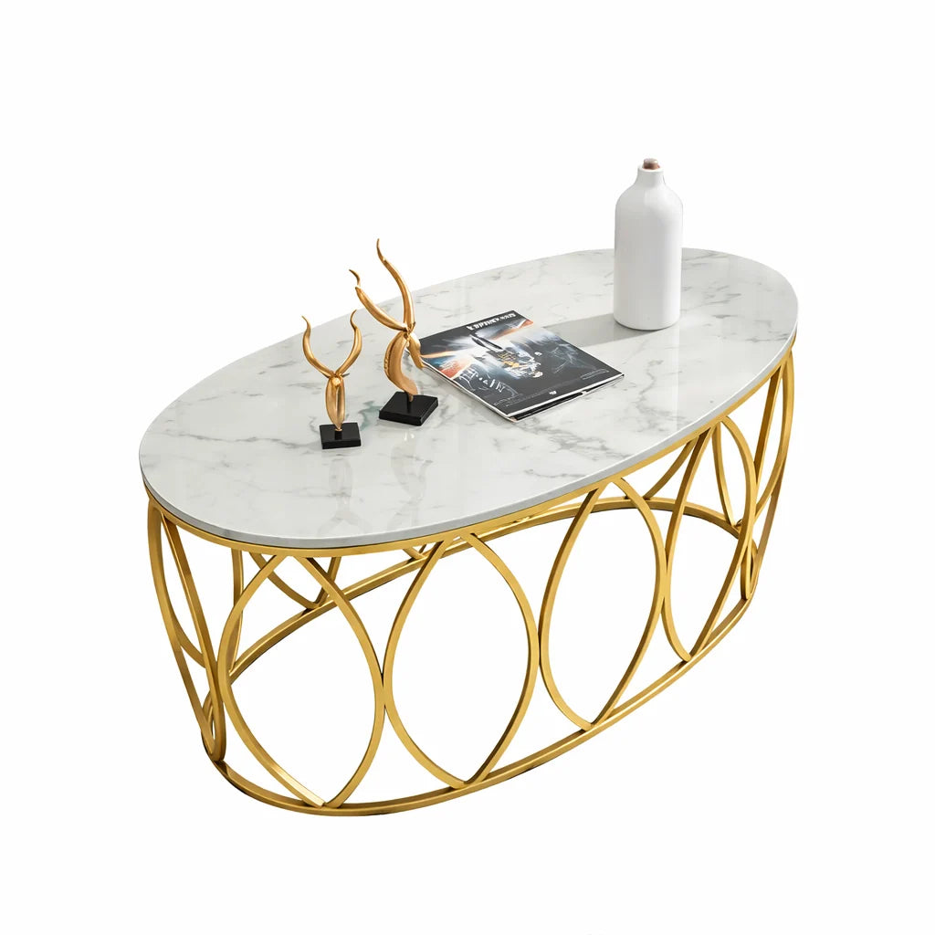 Oval Marble Top Center Table with Gold Frame