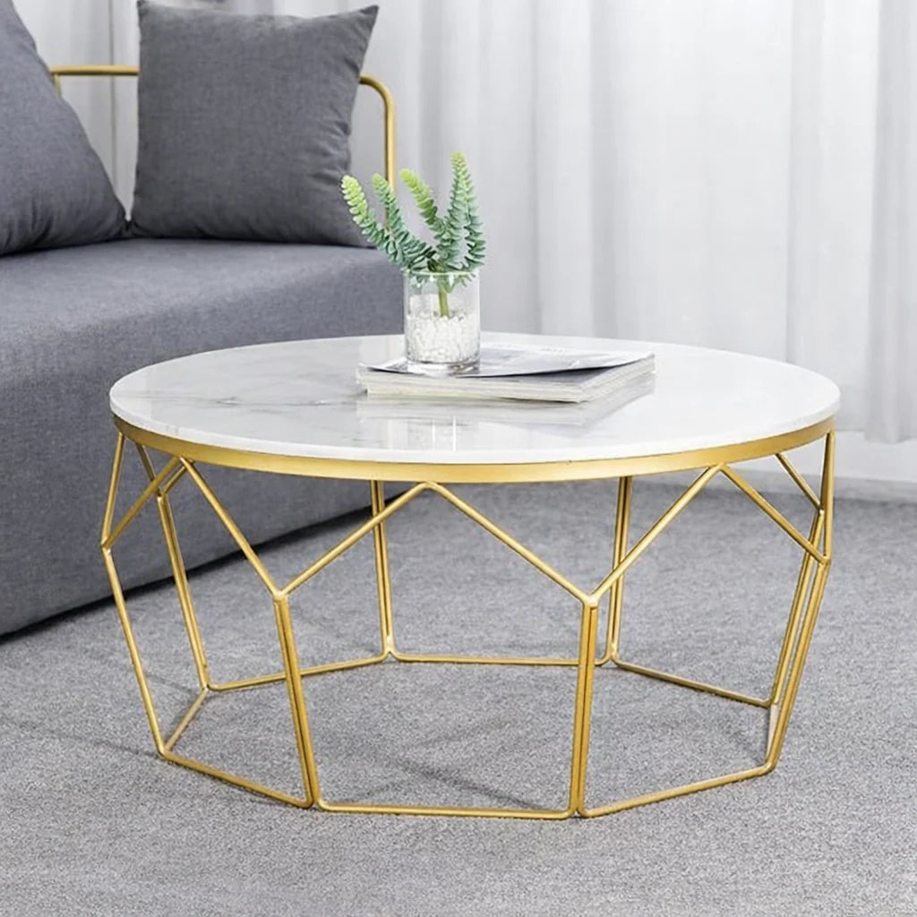 Round Marble Center Table with Geometric Gold Frame