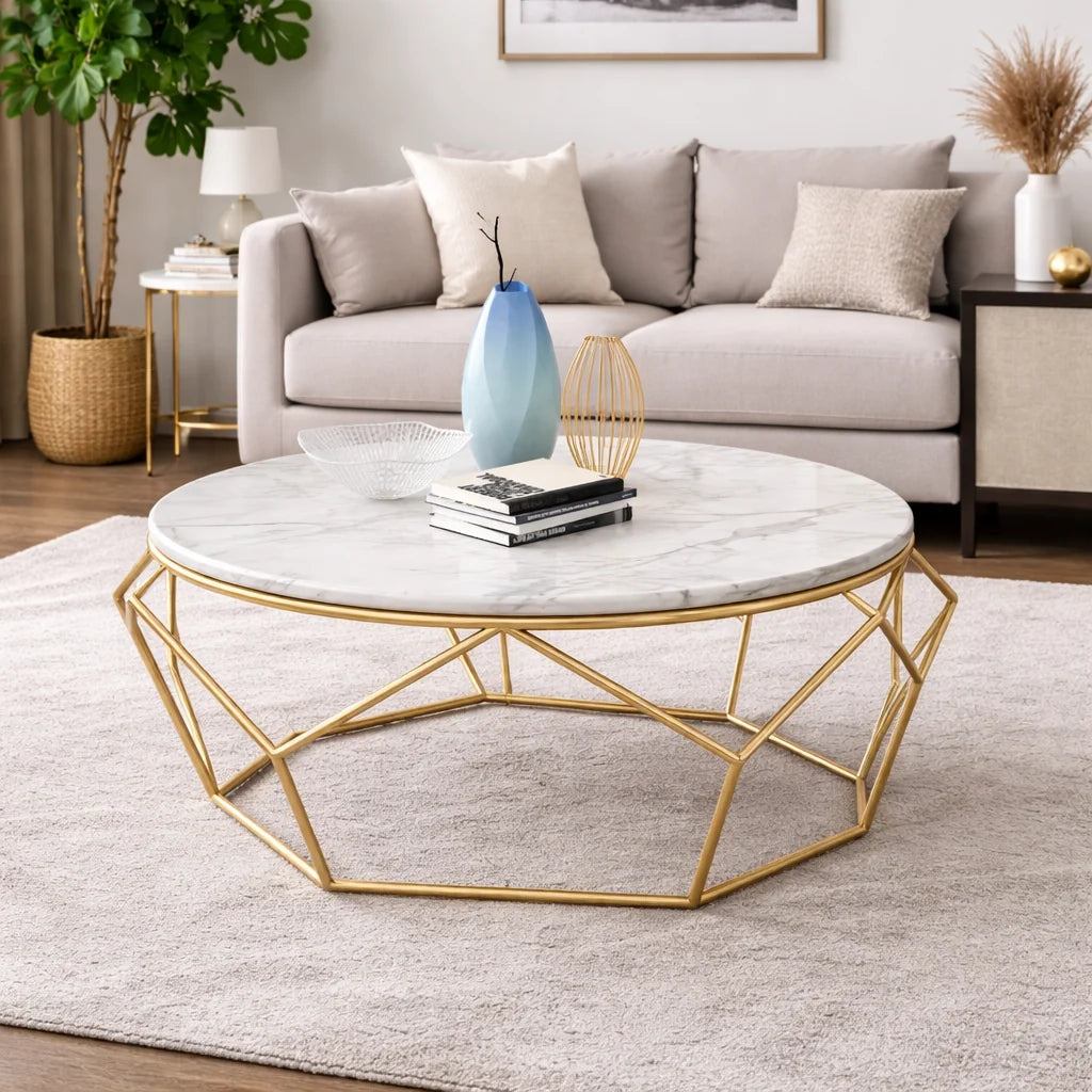Round Marble Center Table with Geometric Gold Frame