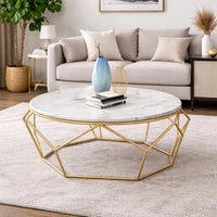 Round Marble Center Table with Geometric Gold Frame