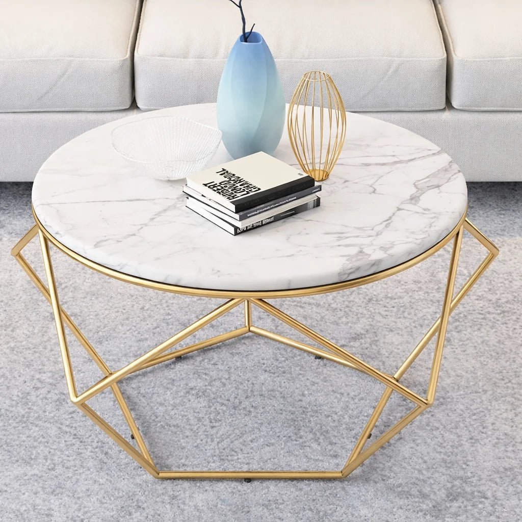 Round Marble Center Table with Geometric Gold Frame