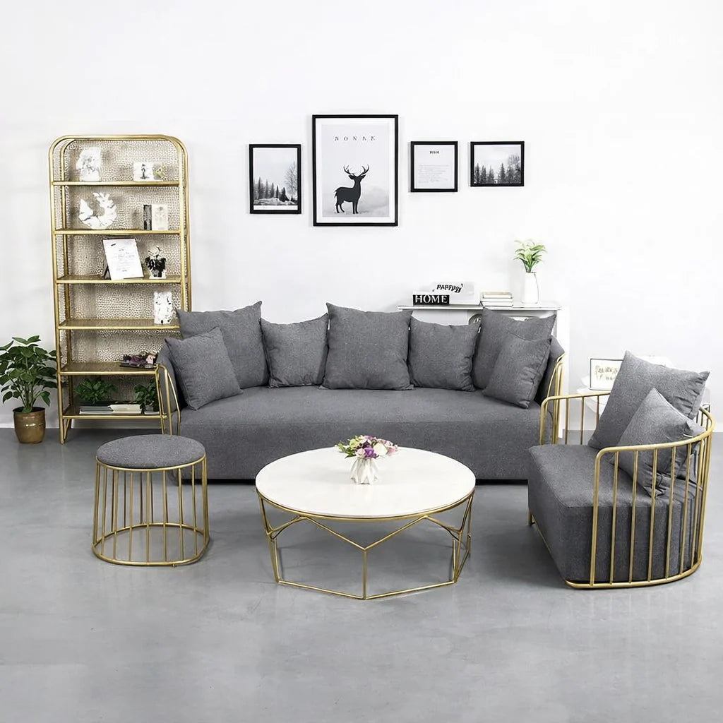 Round Marble Center Table with Geometric Gold Frame