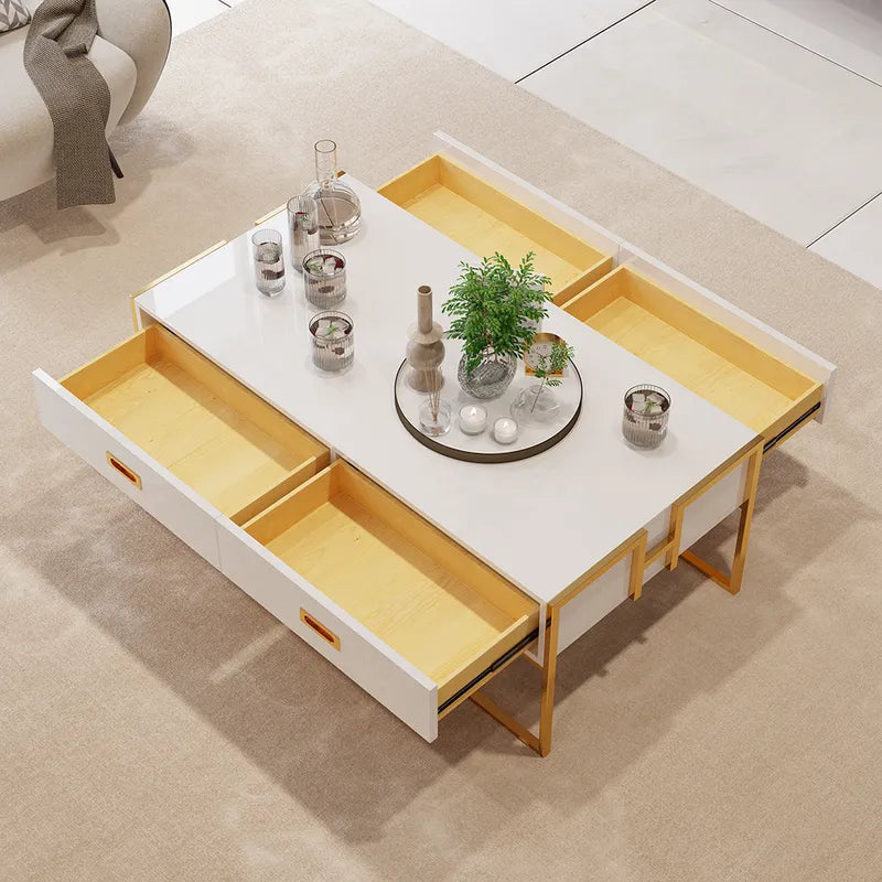 White Center Table with Four Drawers and Gold Base