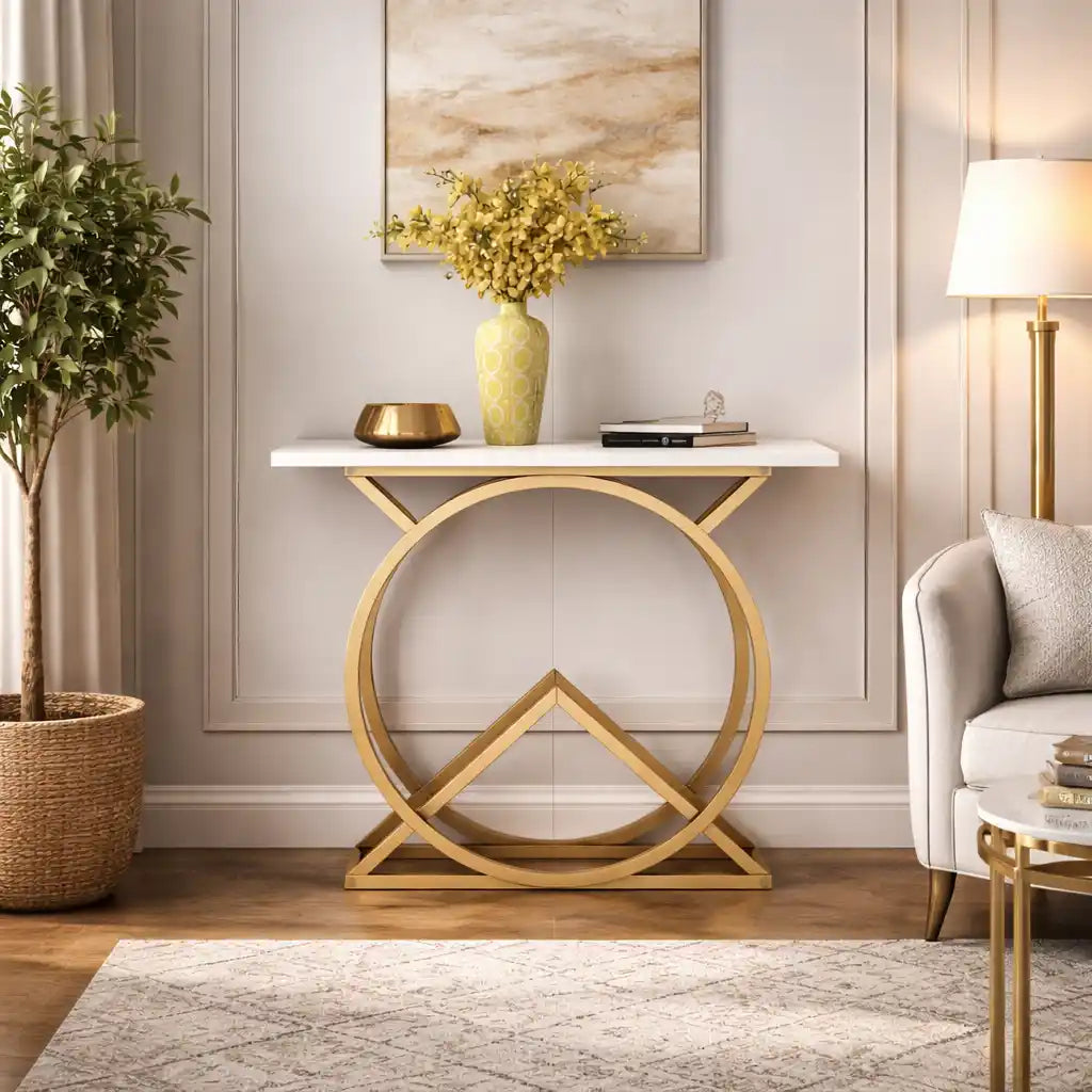 White Console Table with Twin Ring Gold Base