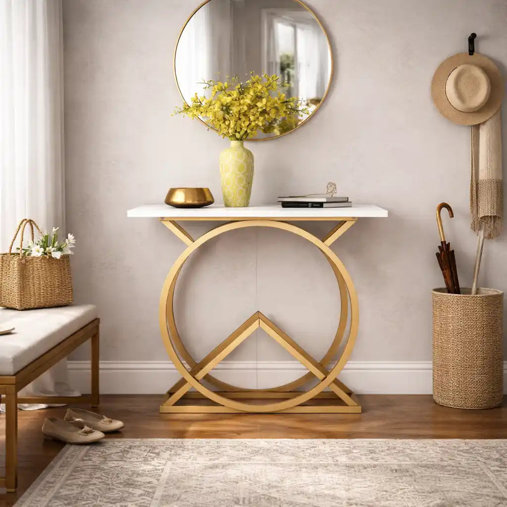 White Console Table with Twin Ring Gold Base
