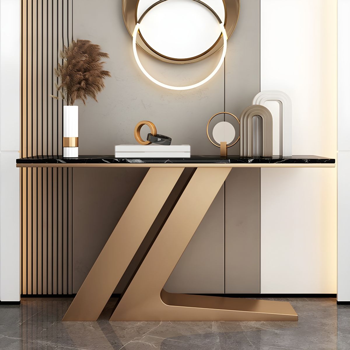 Narrow Foyer Marble Console Table with Angled Gold Stand