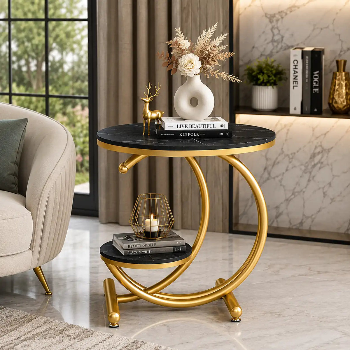 Black Marble Side Table with Gold Ring and Shelf