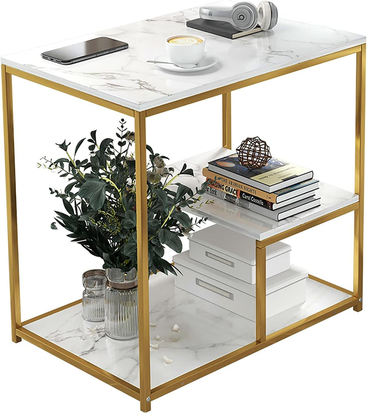 Rectangular Marble Side Table with Shelves and Gold Frame