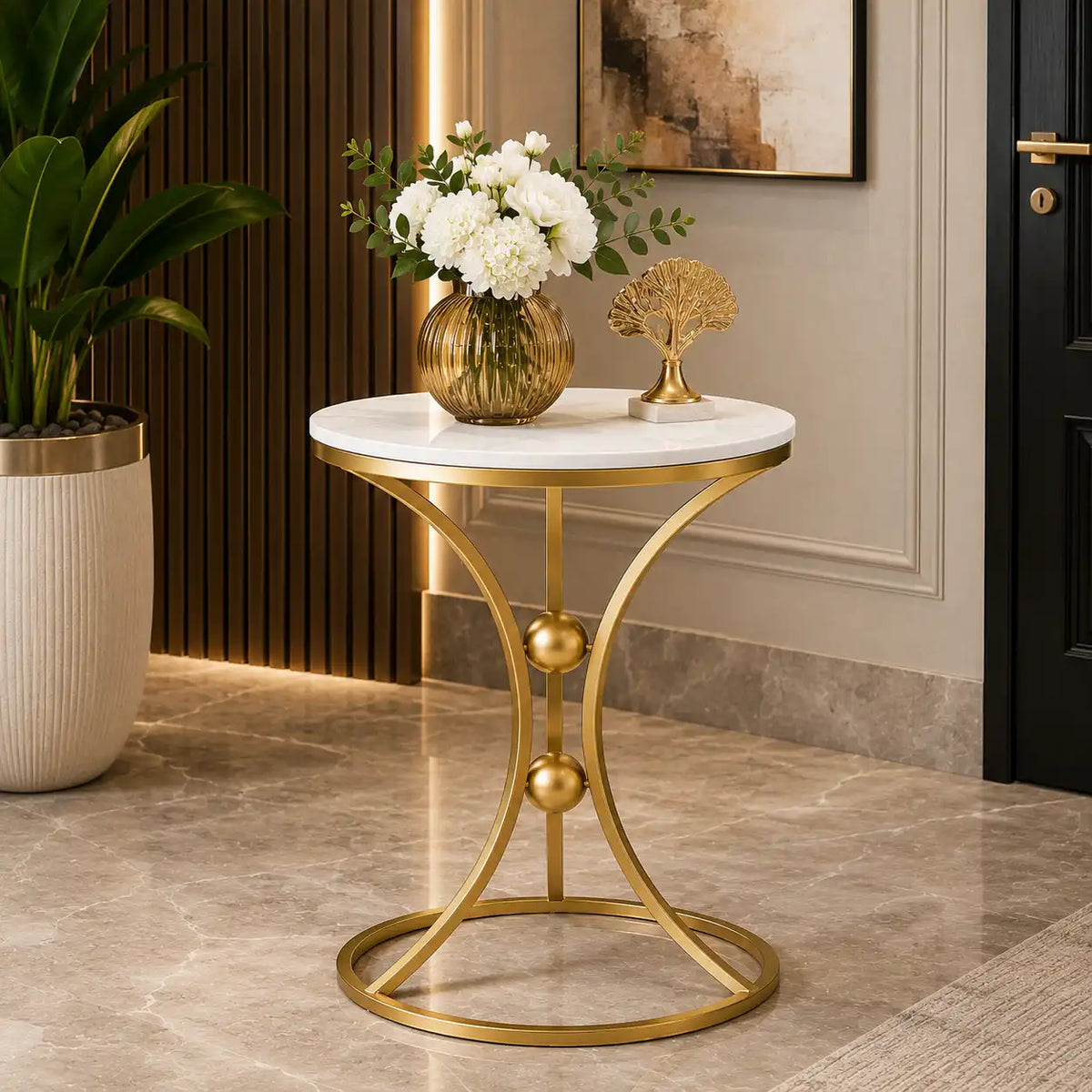 White Bedside Round Marble Side Table with Gold Stand