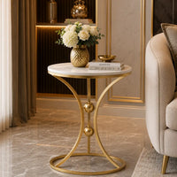 White Bedside Round Marble Side Table with Gold Stand