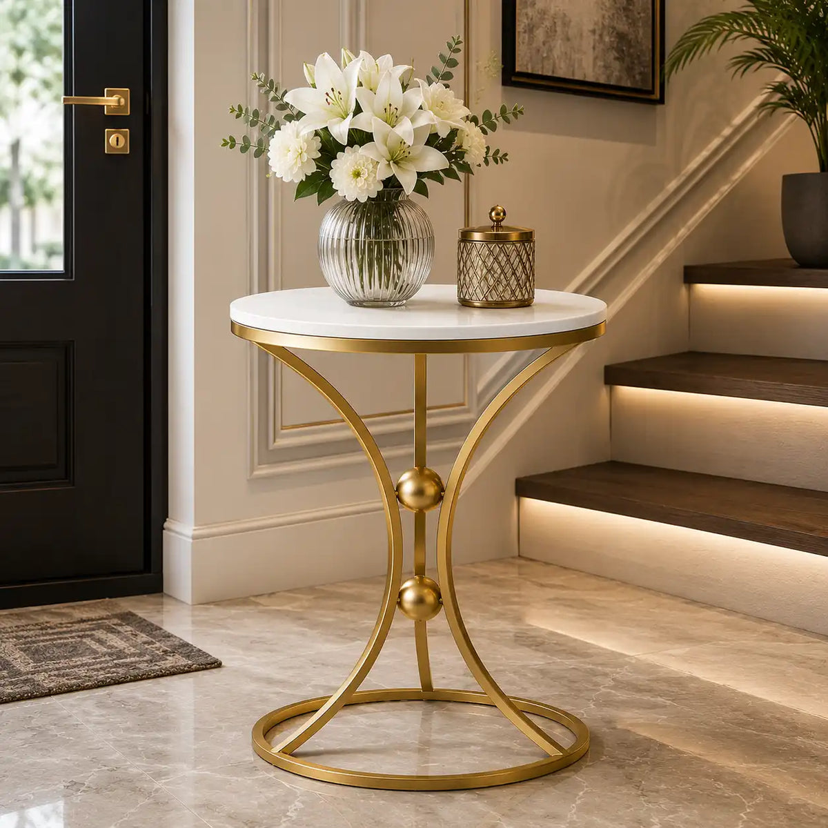 White Bedside Round Marble Side Table with Gold Stand