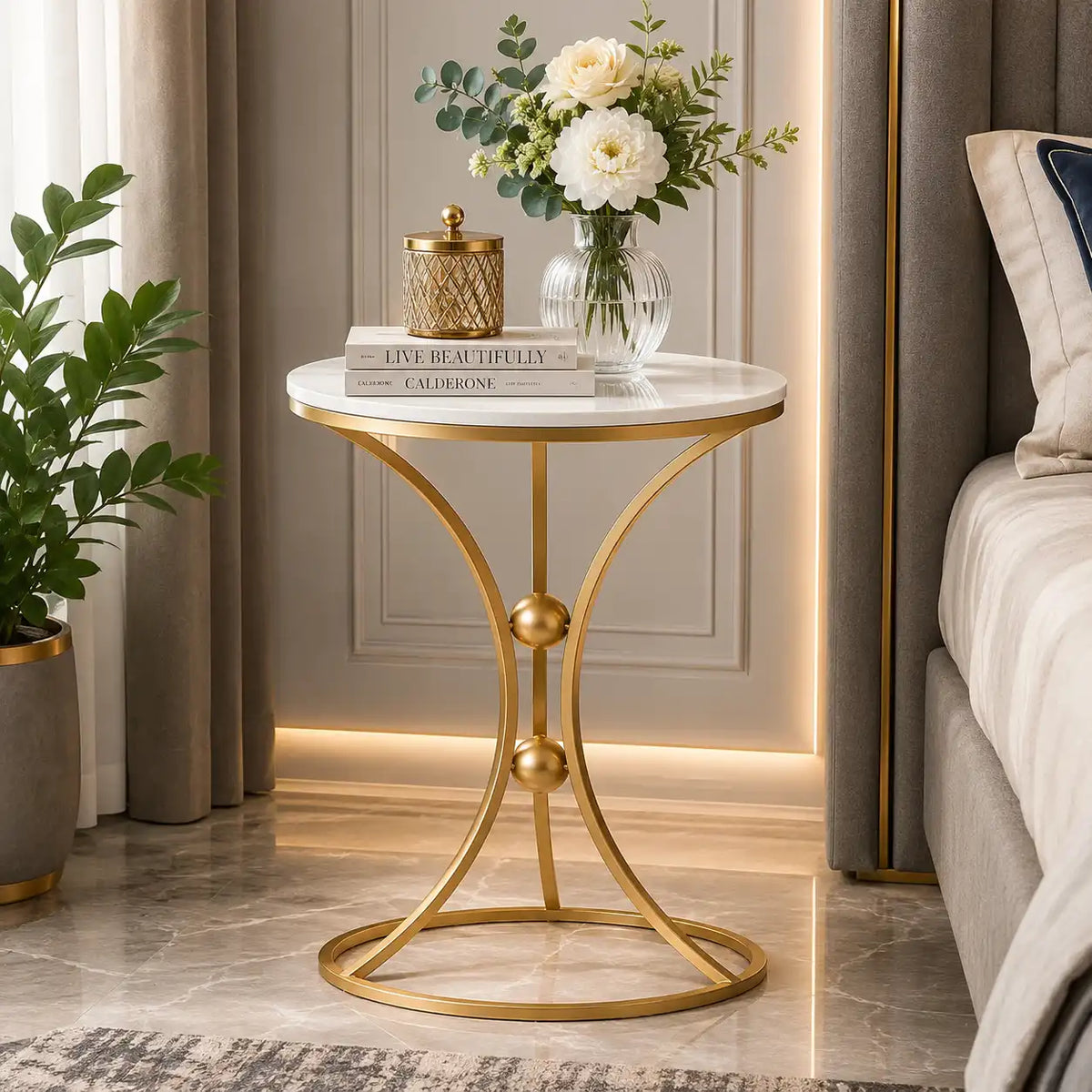 White Bedside Round Marble Side Table with Gold Stand