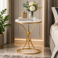 White Bedside Round Marble Side Table with Gold Stand