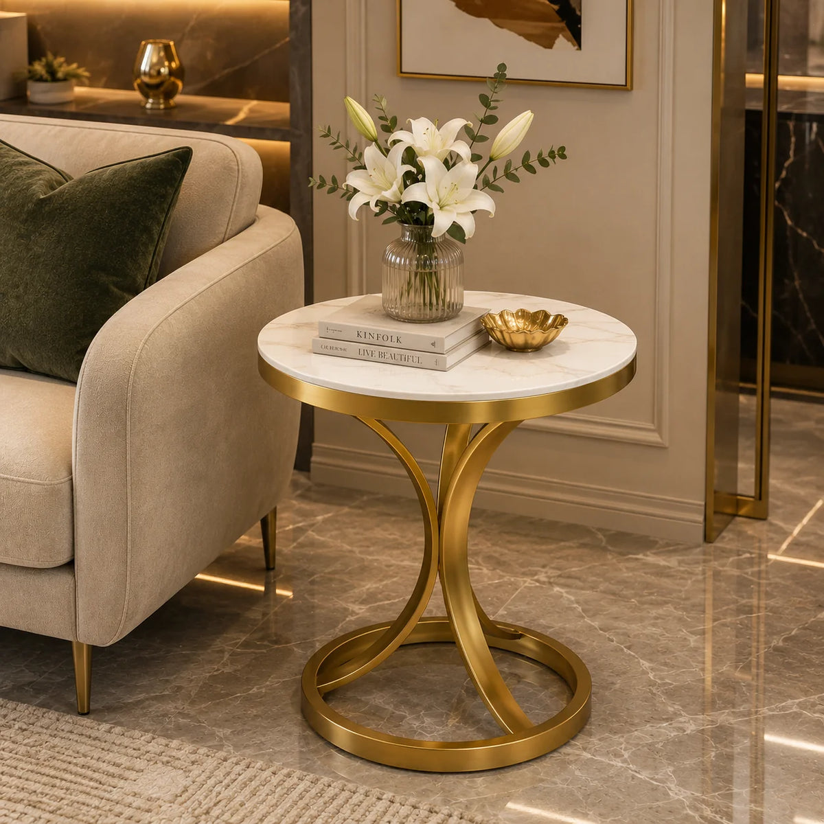 Bed side Round Marble Table with Gold Circle Base