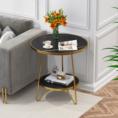 Modern Round Black Marble Side Table with Shelf