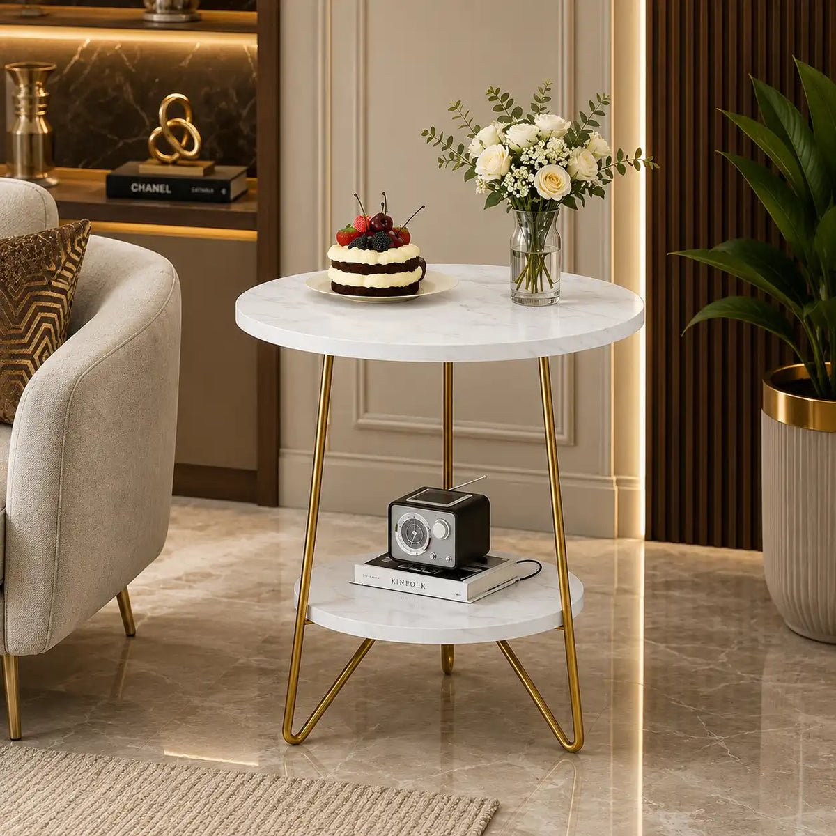 White Marble End Side Table with Lower Shelf