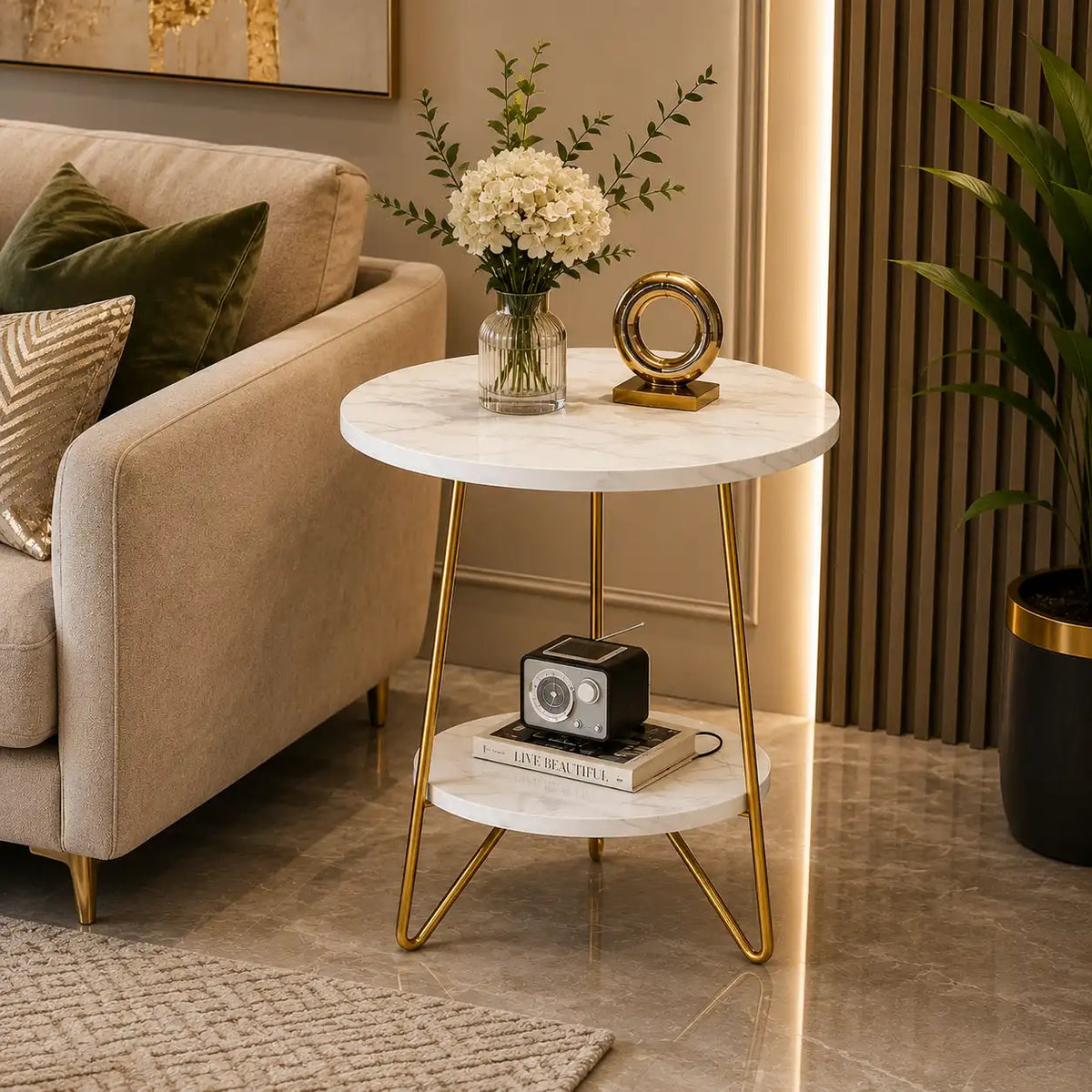 White Marble End Side Table with Lower Shelf