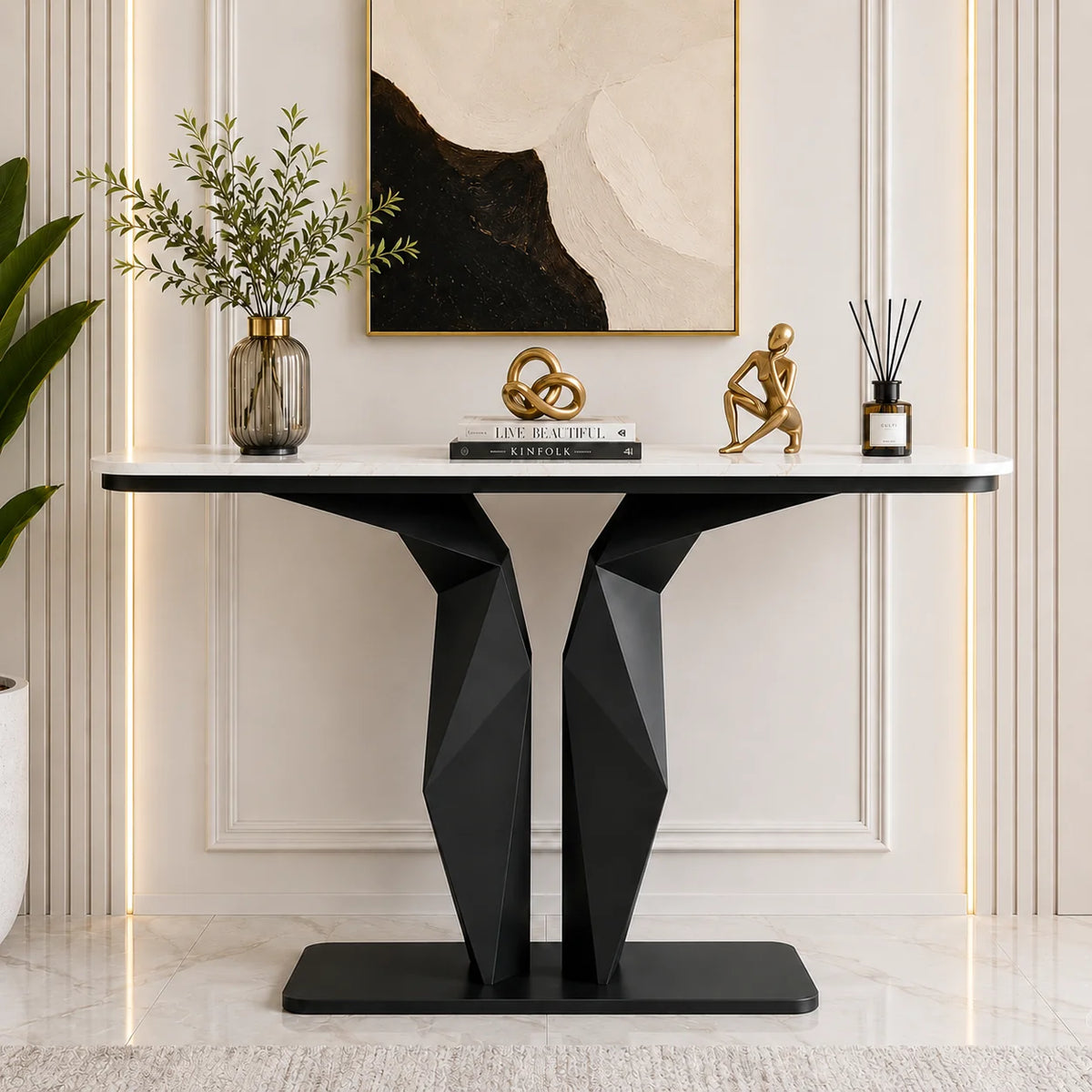 Geometric Black Console with Premium Marble Top